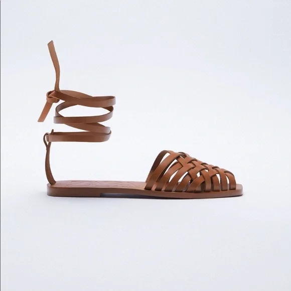 tied leather flat sandals zara